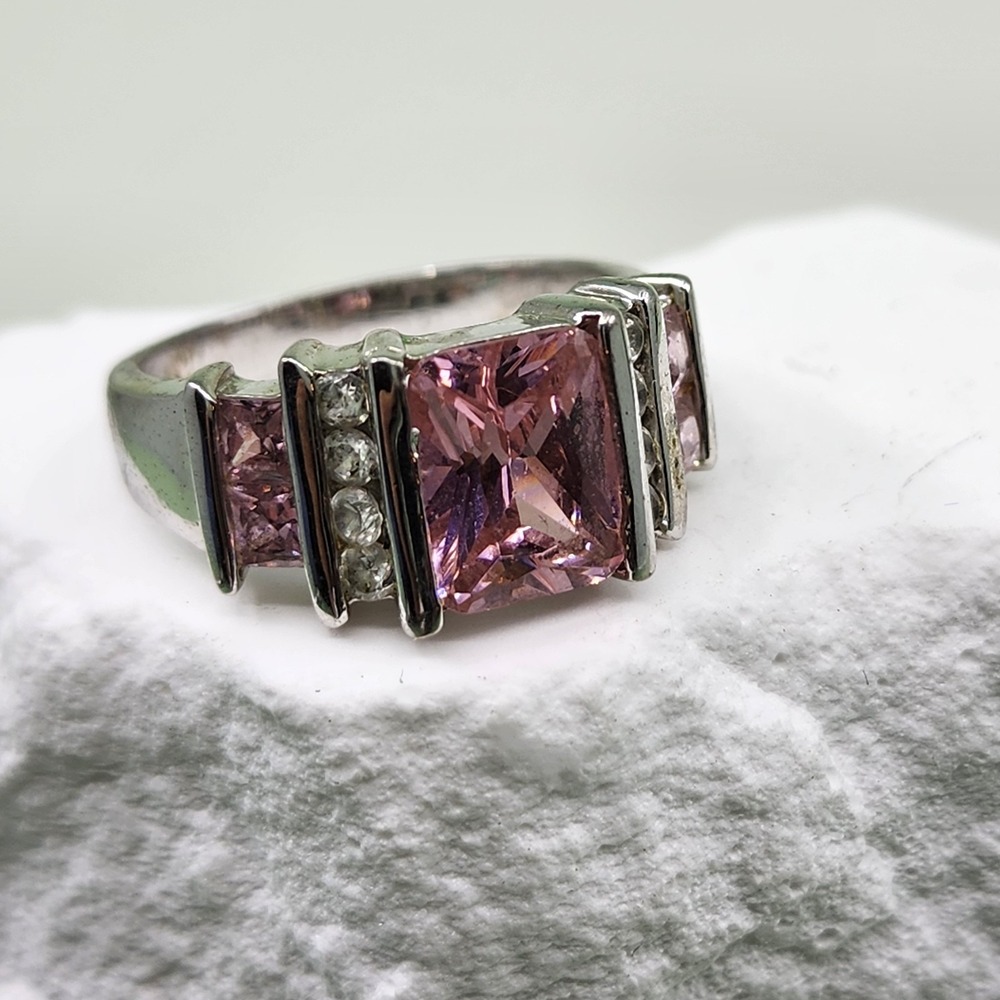 Pink Princess Cut Crystal Silver Tone Cocktail Ring Rhinestone Statement Size 7